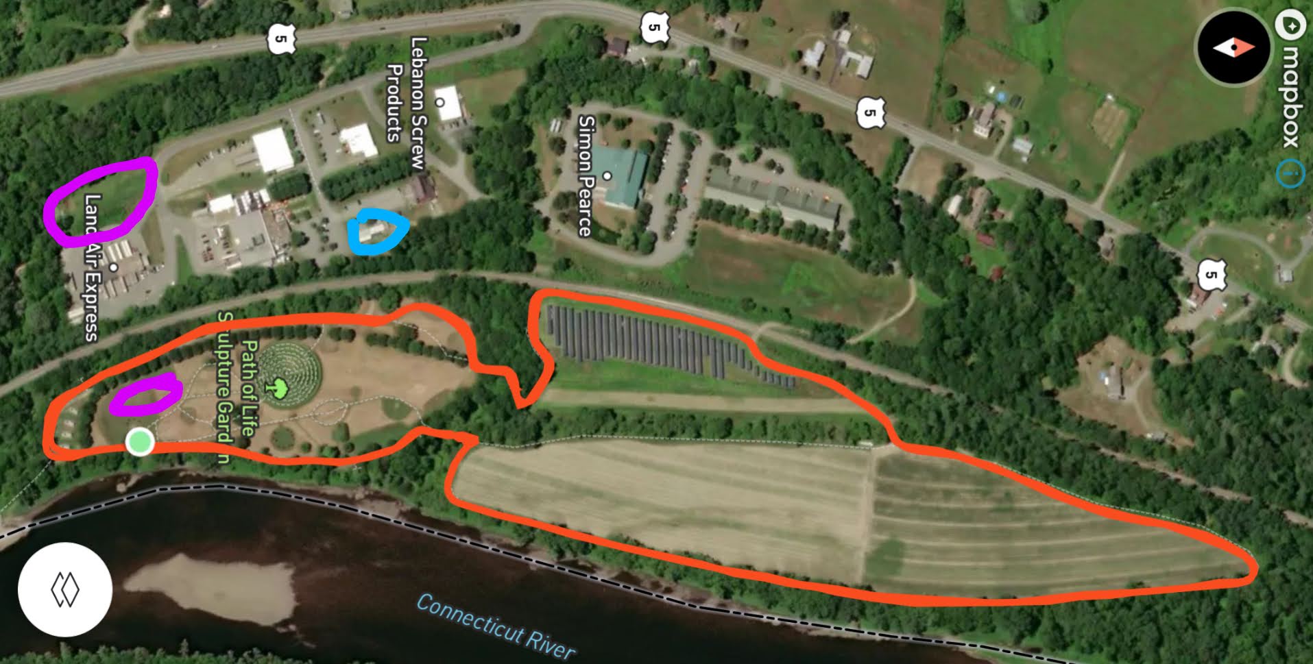 Off the Grid 5K running course superimposed on aerial imagery